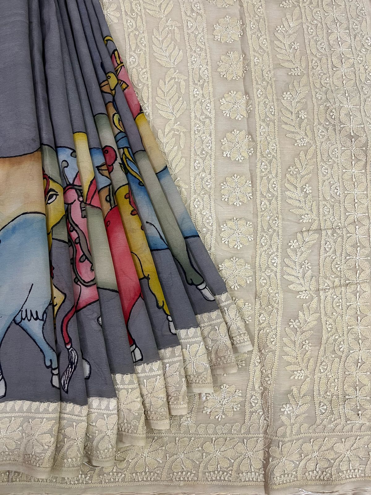 Chikankari X Pen Kalamkari saree