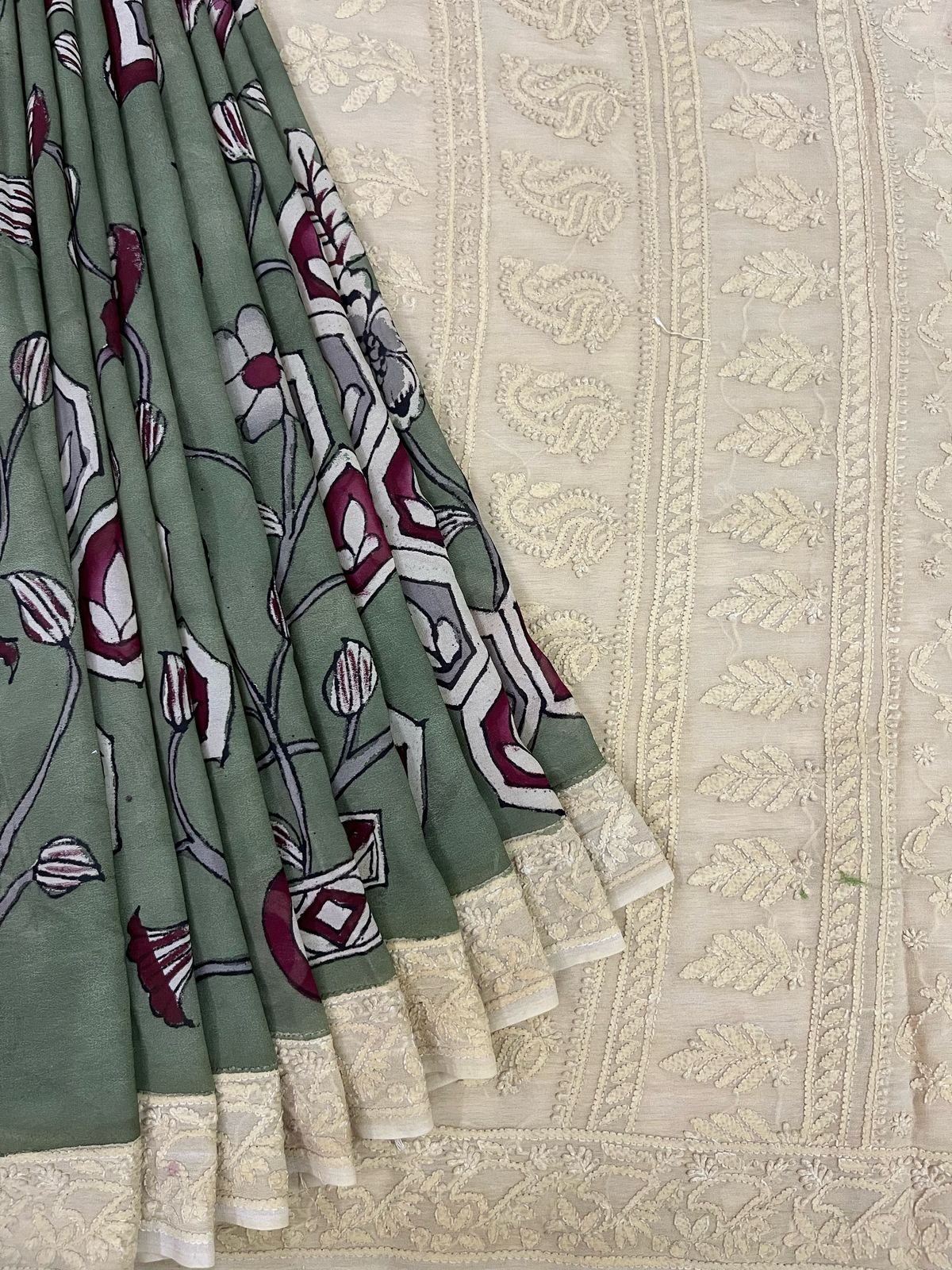 Chikankari X Pen Kalamkari saree