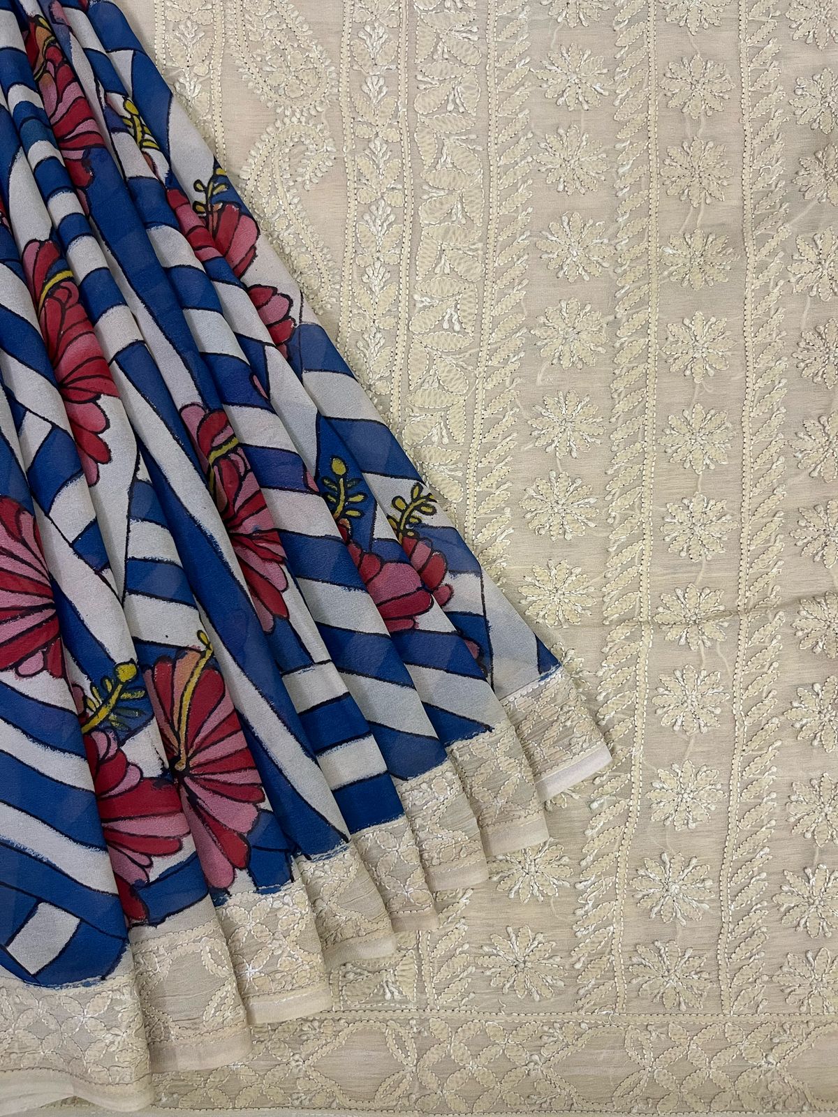 Chikankari X Pen Kalamkari saree