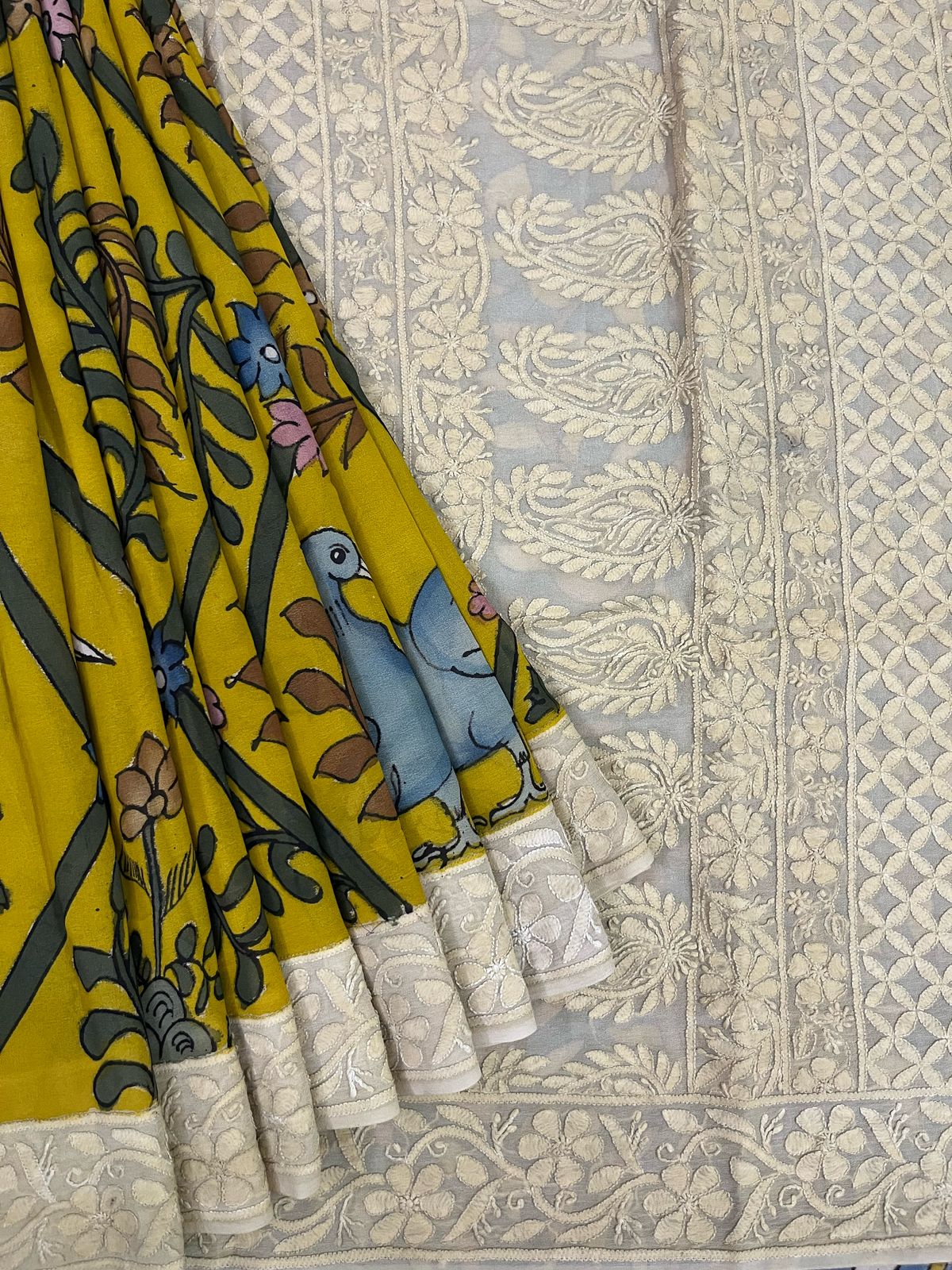 Chikankari X Pen Kalamkari saree