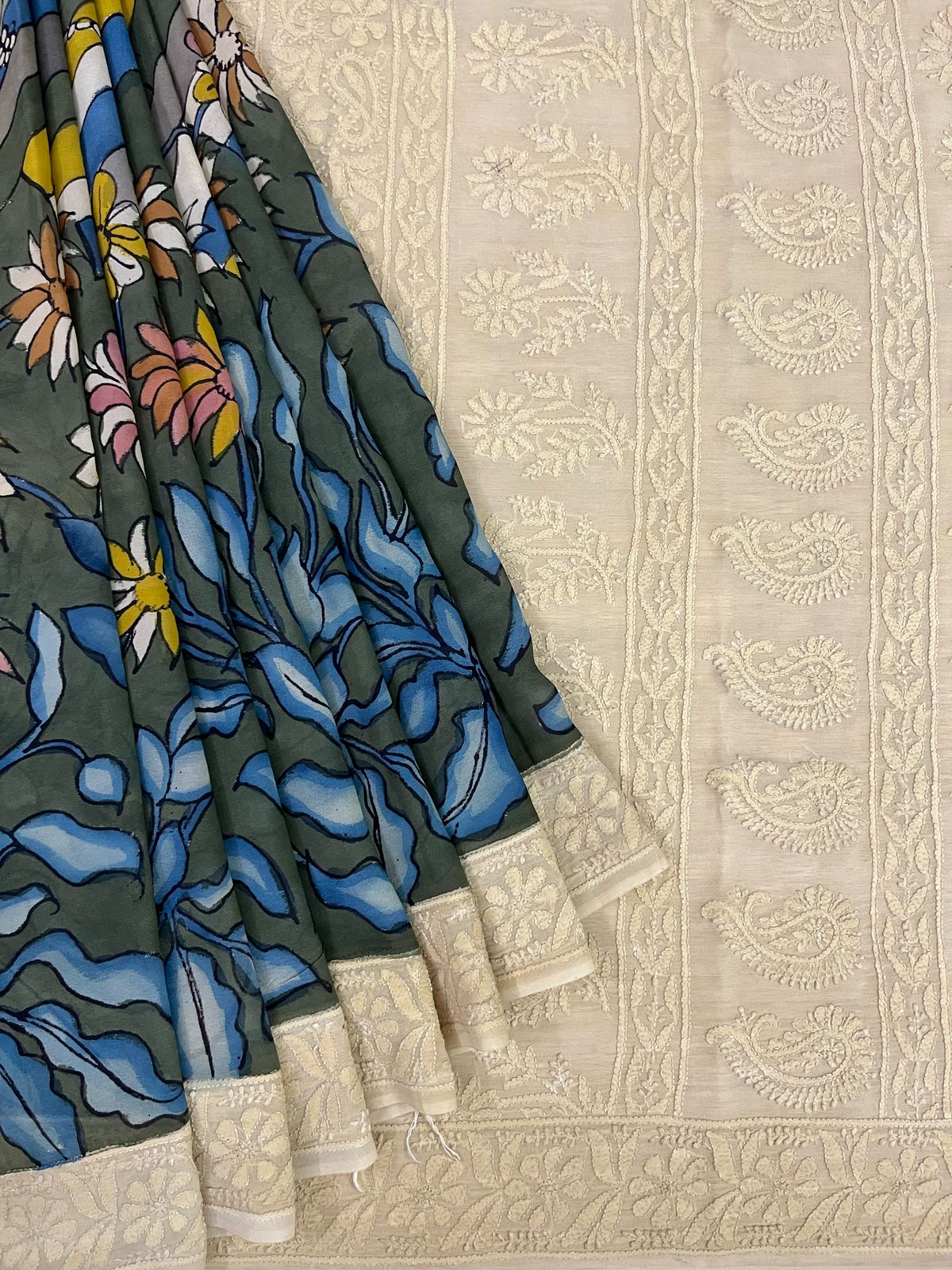 Chikankari X Pen Kalamkari saree