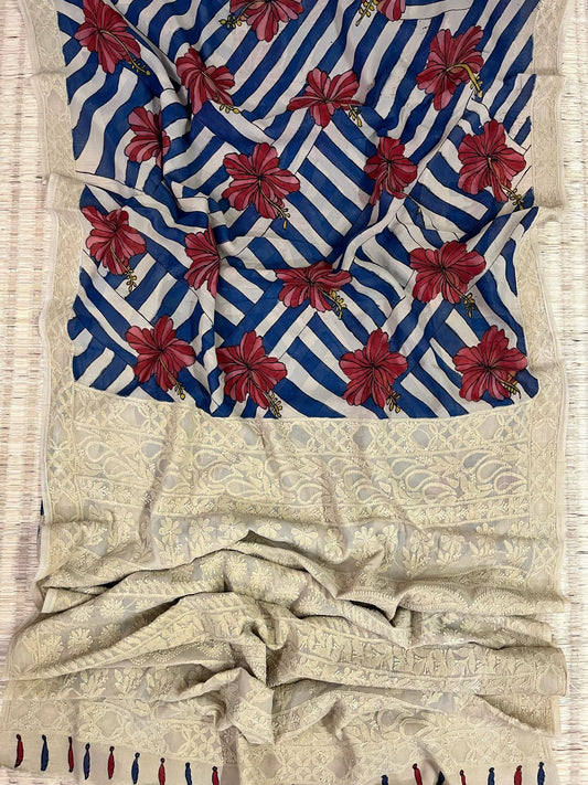 Chikankari X Pen Kalamkari saree