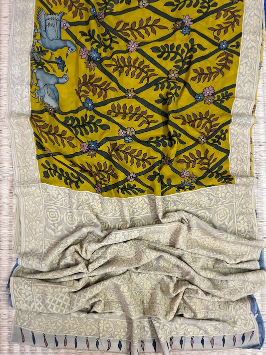 Chikankari X Pen Kalamkari saree