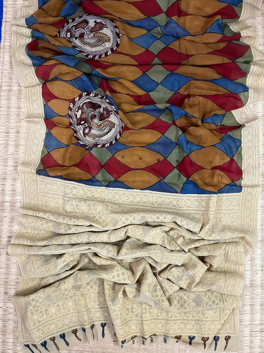 Chikankari X Pen Kalamkari saree