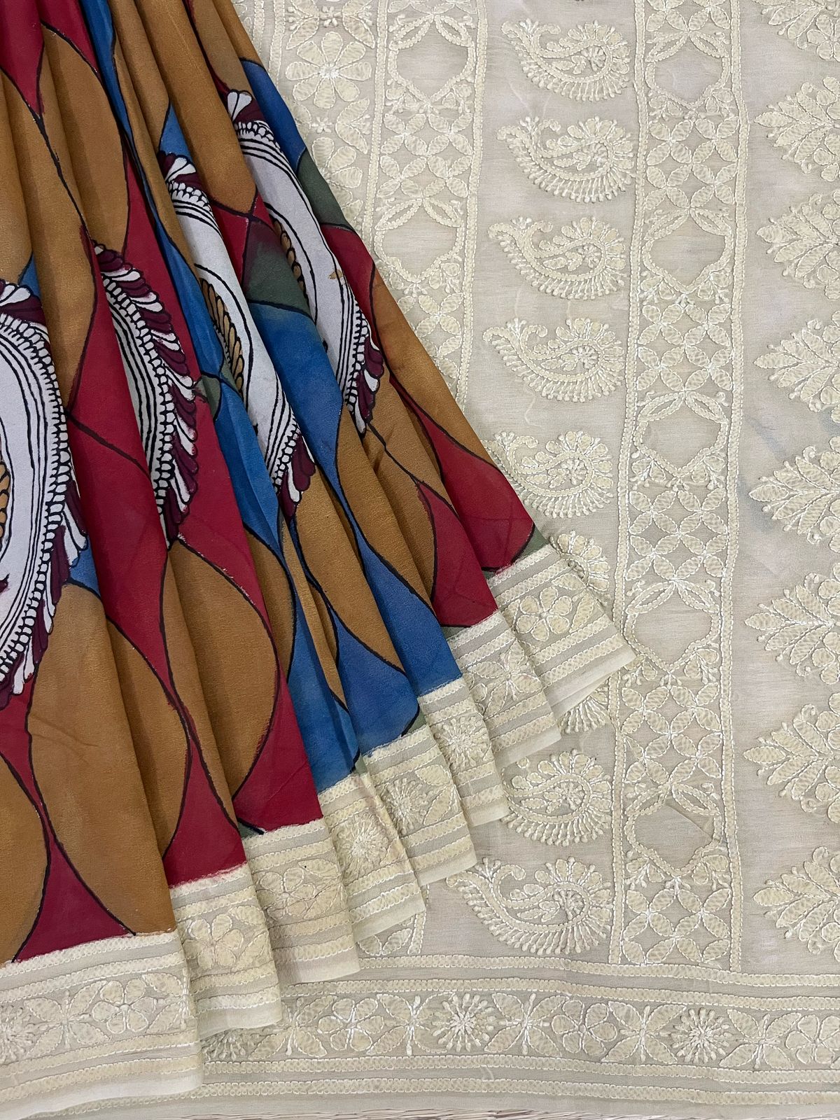 Chikankari X Pen Kalamkari saree