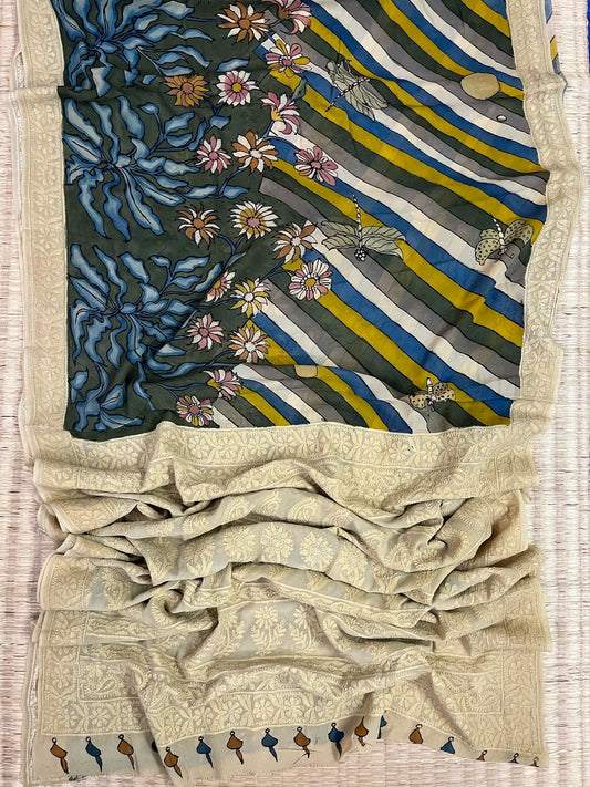Chikankari X Pen Kalamkari saree